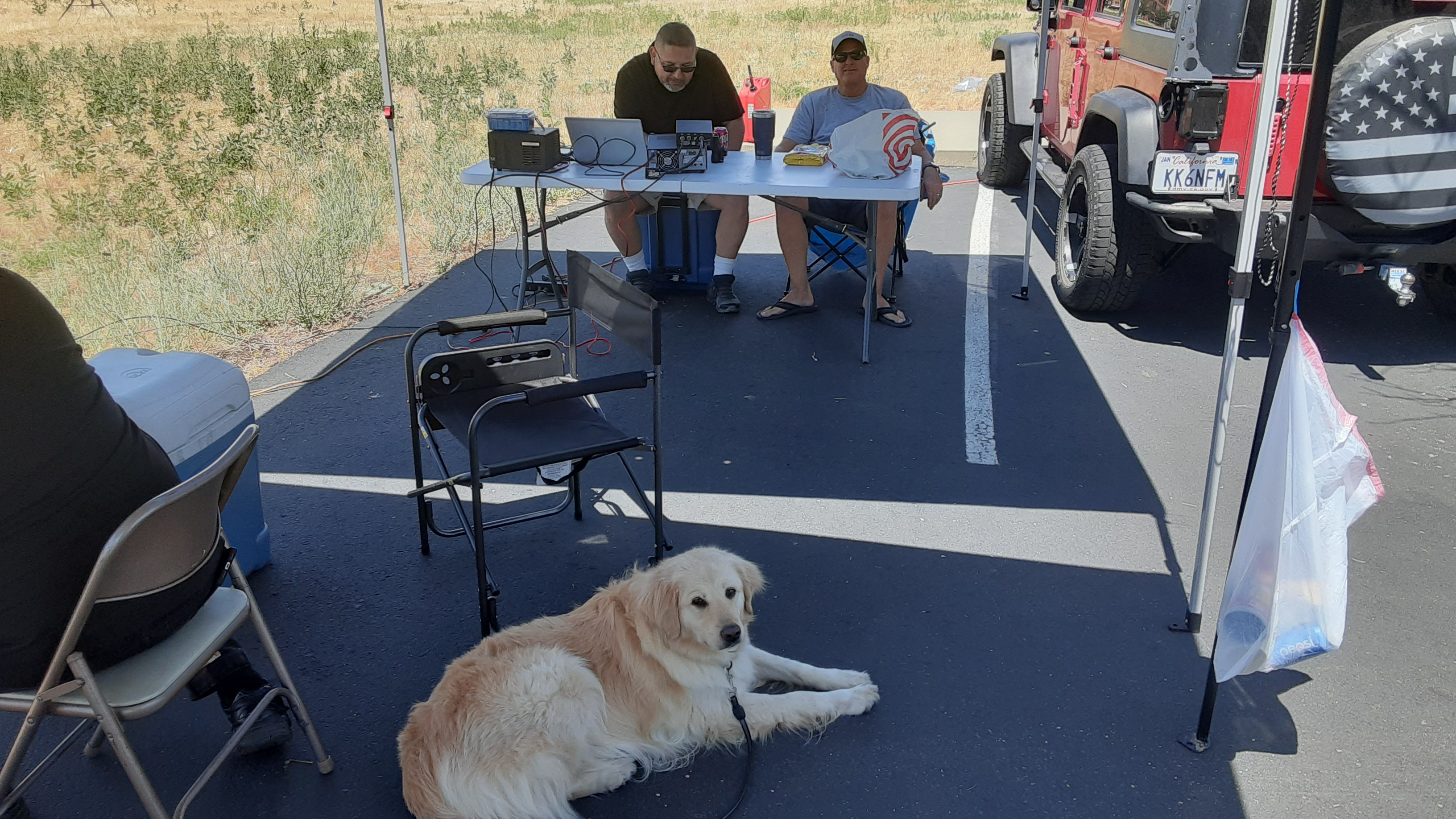 Art NFM and Jerry JKH take a pause. Max the dog is chilling in the shade